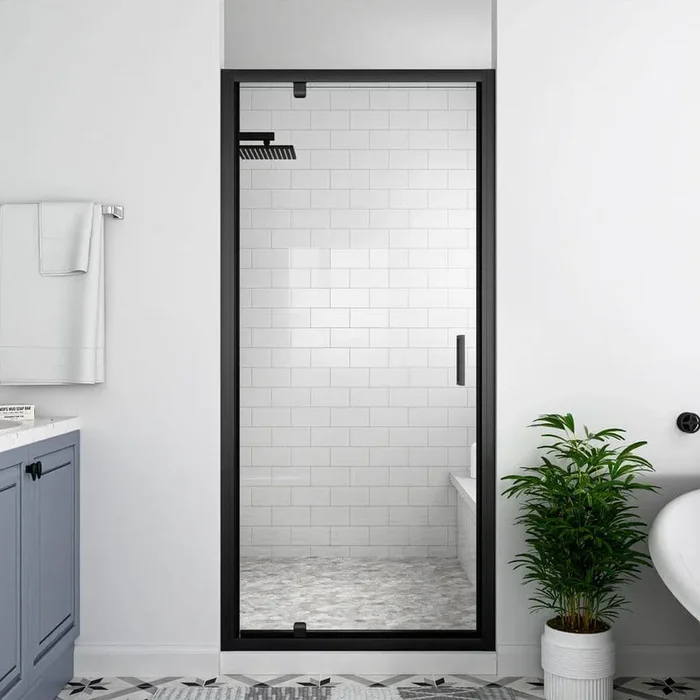 mortix 32 in. W x 72 in. H Pivot Framed Swing Shower Door in Single Panel in Black Finish with 1/4 in. Clear Tempered Glass