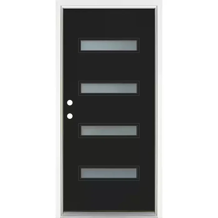 MP Doors 36 in. x 80 in. Right-Hand Inswing 4-Lite Frosted Glass Black Painted Fiberglass Prehung Front Door