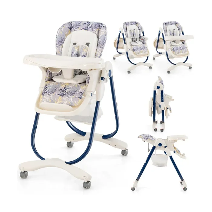Multifunctional Folding Baby High Chair with Rolling Wheels and Adjustable Height