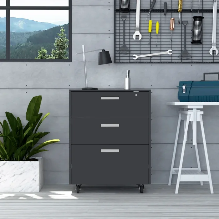Multisstorage Cabinet 35″ H, Three Drawers, Four Wheels, Black Black Particle Board Particle Board