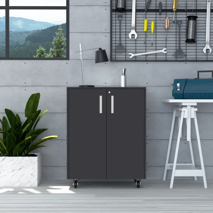 Multistorage Cabinet 35″ H, Two Doors, Two Interior Shelves, Four Wheels, Black Black Particle Board Particle Board