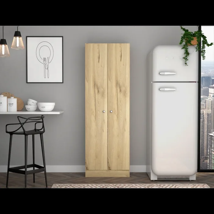 Multistorage Cabinet 71″ H, Two Doors, Five Internal Shelves, Light Oak Black Multicolor Particle Board Particle Board