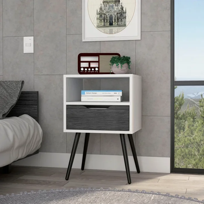 Nightstand 25″H, Superior Top, Four Legs, One Open Shelf, One Drawer, Smokey Oak White Smoke Grey,White Particle Board Particle Board