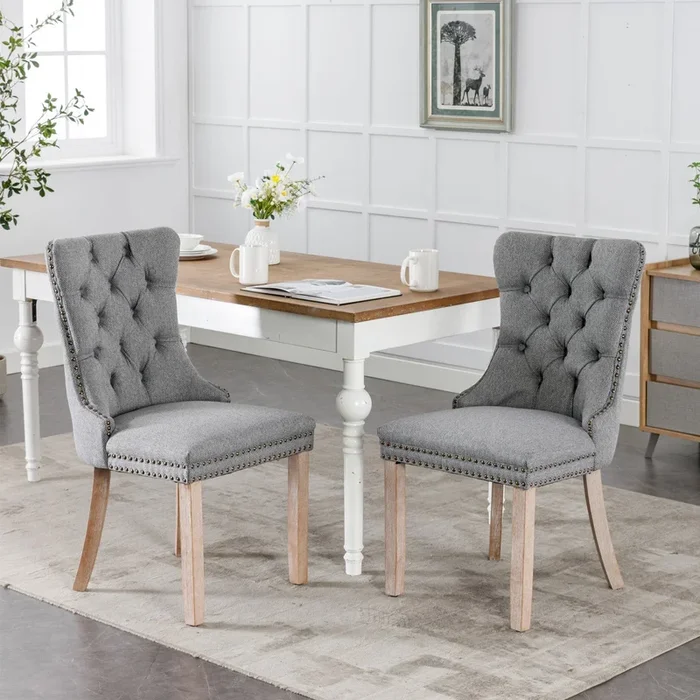 Nikki Collection Modern, High-end Tufted Solid Wood Contemporary Flax Upholstered Linen Dining Chair with Wood Legs Nailhead Trim 2-Pcs Set,Gray