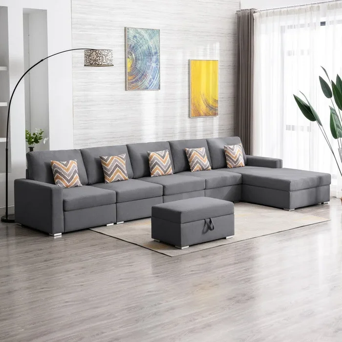 Nolan 152″ Gray Linen Fabric 6Pc Reversible Sectional Sofa Chaise With Interchangeable Legs, Pillows And Storage Ottoman Gray Linen