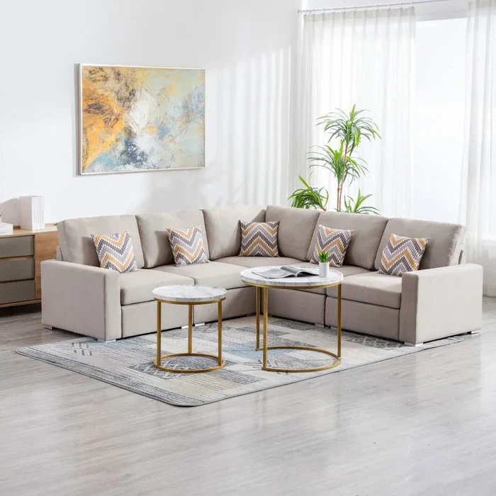 Nolan 95.5″ Beige Linen Fabric 5Pc Reversible Sectional Sofa With Pillows And Interchangeable Legs Beige Linen