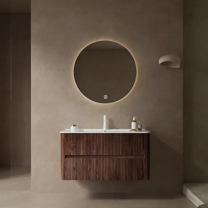 Noor 36″ Bathroom Vanity With Sink, Modern Wall Mounted Floating Plywood Bathroom Storage Cabinet With 2 Drawers, White Ceramic Basin With Sink Hole Cover And Drain, Pre Assembled, Retro Walnut White Deep Walnut Bathroom Modern,Scandinavian Plywood