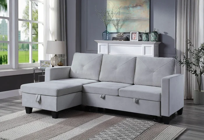Nova 82.5″ Light Gray Velvet Reversible Sleeper Sectional Sofa With Storage Chaise Light Gray Velvet