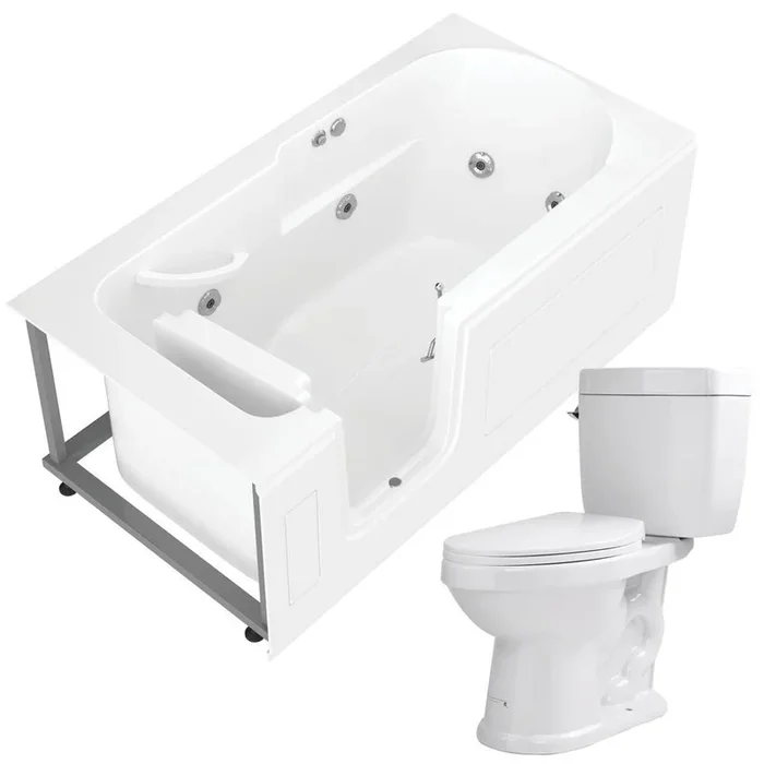 Nova Heated Step In 59.6 in. Walk-In Whirlpool Bathtub in White with 1.6 GPF Single Flush Toilet