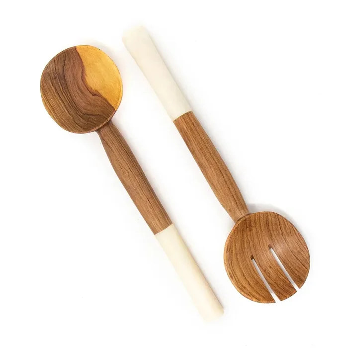 Olive Wood Salad Servers w/ White Bone