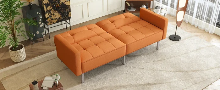 Orisfur. Linen Upholstered Modern Convertible Folding Futon Sofa Bed For Compact Living Space, Apartment, Dorm Orange Foam Linen