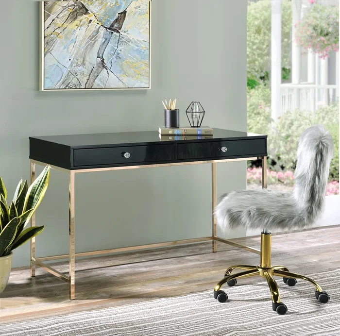 Ottey Writing Desk, Black High Gloss & Gold Finish