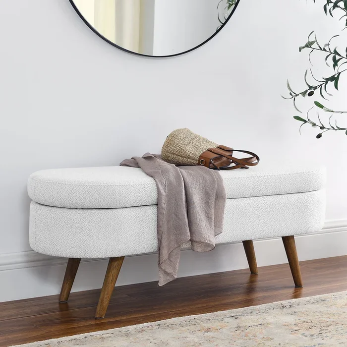 Ottoman Oval Storage Bench,Rubber Wood Legs,White 43.5″X16″X16″ White Linen