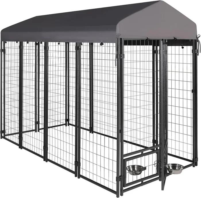 Outdoor Dog Kennel, 8′ X 6′ X 4′ With Waterproof Heavy Duty Metal Dog Cage,Large Size W Rotate Feeding Doors & Upgraded Canopy For Medium Big Dog Grey Outdoor Kennel Metal