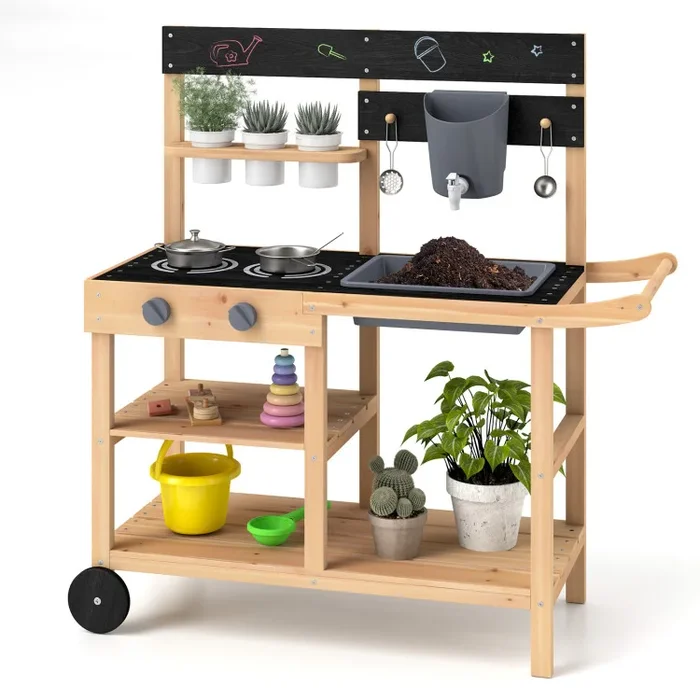 Outdoor Fir Wood Play Kitchen with Blackboard and Planting Pots