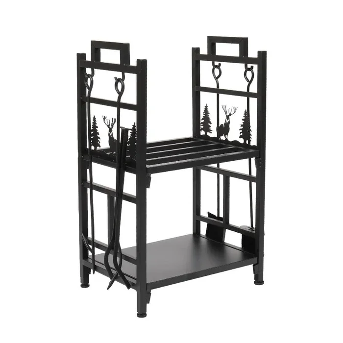 Outdoor Firewood Holder, 2 Tier Log Rack for Firewood Outdoor, Heavy-Duty Firewood Rack Outdoor Firewood Storage Rack, Modern Outdoor Log Holder w/ Tools & Decorative Animal Pattern, Black, H396