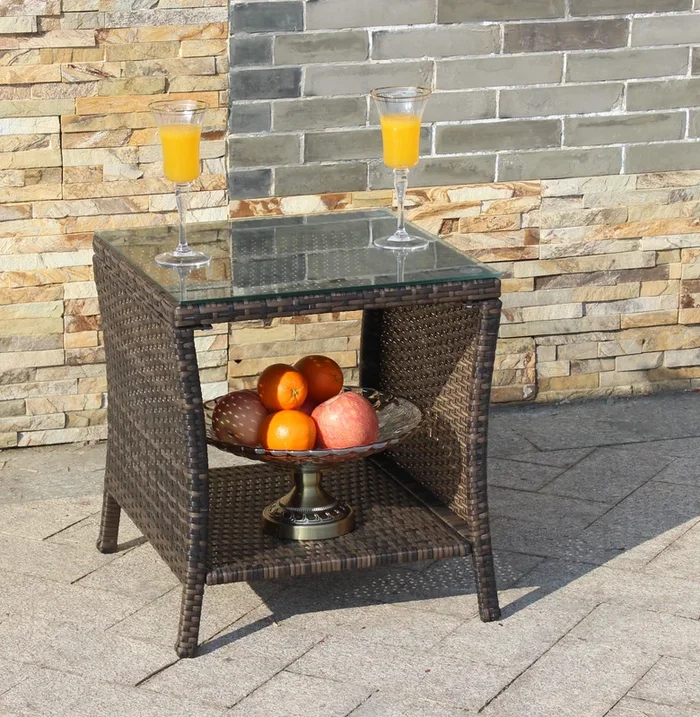 Outdoor Patio Furniture 1 Coffee Table With Clear Tempered Glass Brown Rattan