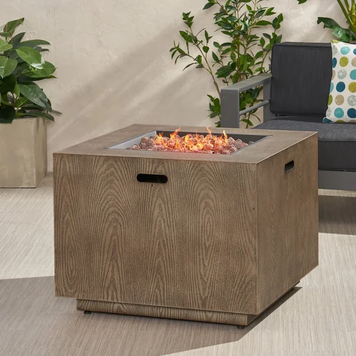 Outdoor Patio Gas Burning Fire Pit – 50, 000 BTU Tank Inside, Square, Iron Wood Pattern, Brown
