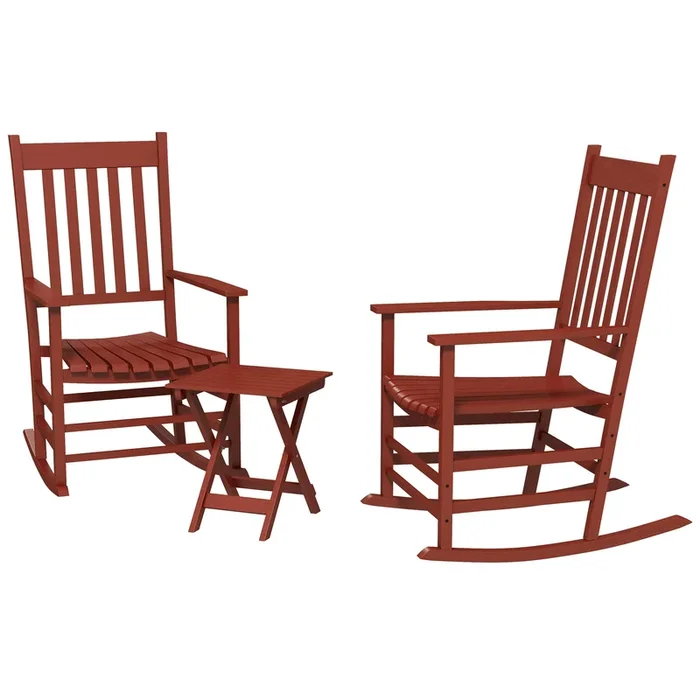 Outdoor Rocking Chair Set of 2 with Side Table, Patio Wooden Rocking Chair with Smooth Armrests, High Back for Garden, Balcony, Porch, Supports Up to 352 lbs., Wine Red