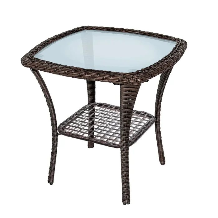 Outdoor Side Table, Indoor Outdoor Glass Top Wicker Coffee Bistro Table, All Weather Patio Square Storage End Table, Steel Frame, 20”X 20”X20” Brown Rust Resistant Frame Steel