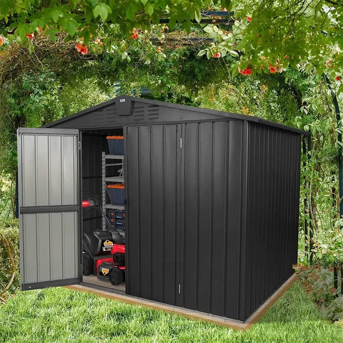 Outdoor Storage Shed 8.2’x 6.2′, Metal Garden Shed for Bike, Trash Can, Galvanized Steel Outdoor Storage Cabinet with Lockable Door for Backyard, Patio, Lawn (8.2×6.2ft, Black)