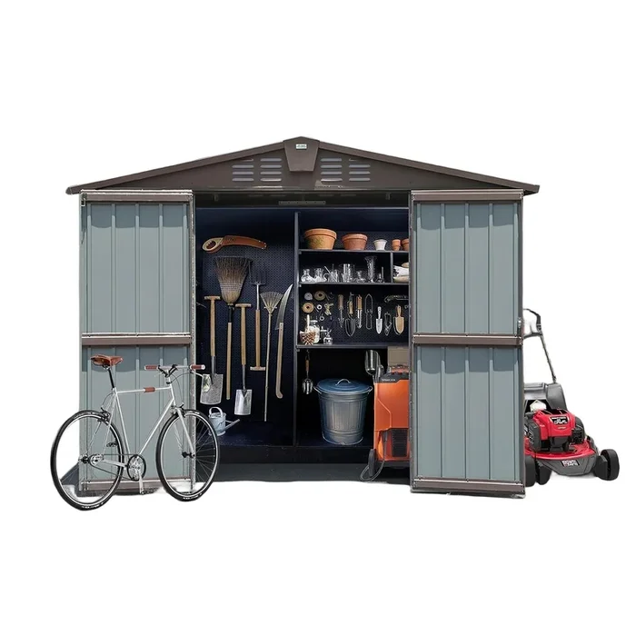 Outdoor Storage Shed 8.2′ x 6.2′, Metal Steel Utility Tool Shed Storage House with Double Lockable Doors & Air Vents for Backyard Patio Garden Lawn Brown