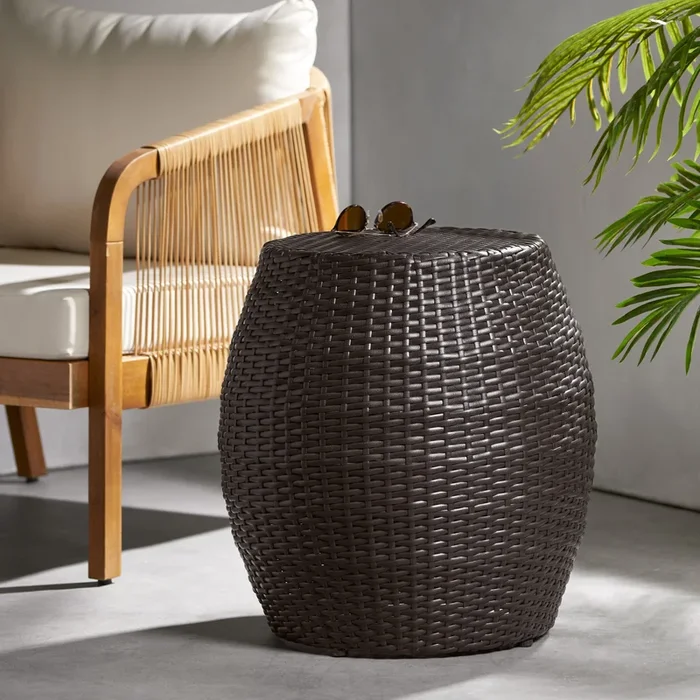 Outdoor Wicker 14.00″ Patio Side Table Brown Multi Rattan
