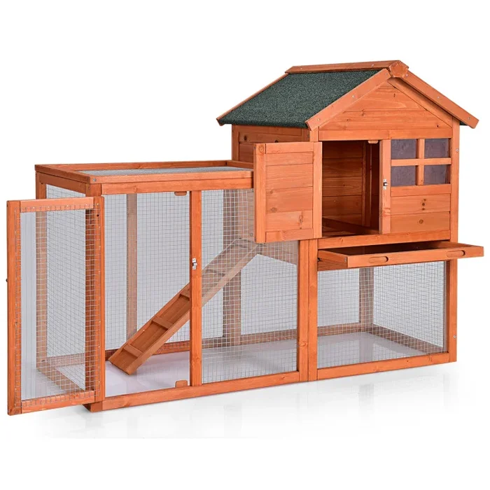 Outdoor Wooden Rabbit Hutch with Asphalt Roof and Removable Tray