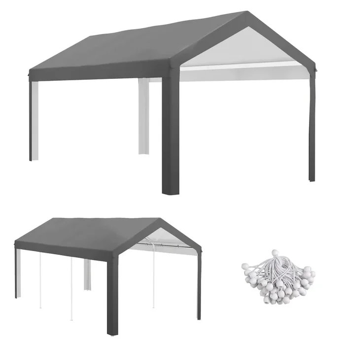 Outsunny 10′ X 20′ Carport Replacement Top Canopy Cover, Uv And Water Resistant Portable Garage Shelter Cover With Ball Bungee Cords, Dark Gray, Only Cover Gray Polyethylene