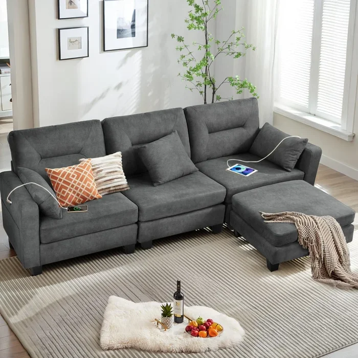Oversized 86.1” L Shaped Modular Sectional Couches With Usb Ports, Ottoman, Lumbar Pillows Gray Velvet Wood Primary Living Space Medium Soft Cushion Back Extra Heavy Duty Foam Foam Spring 5 Seat