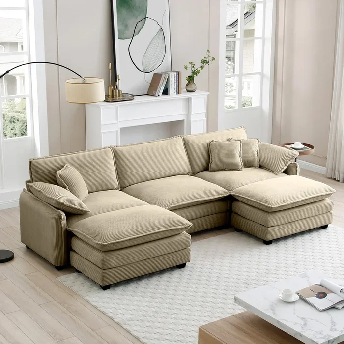 Oversized Modular Cushioned Sofa With Conversible Ottoman, 3 Seater Sofa With 2 Footstools, U Shape Sofa In Camel Corduroy Fabric Camel Corduroy 3 Seat