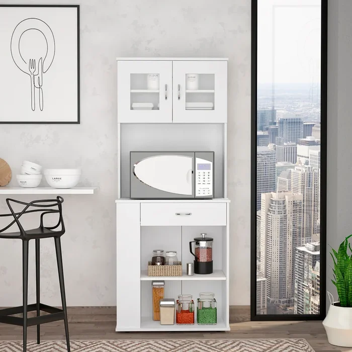 Pantry Double Door Cabinet Folbert, Three Side Shelves, White Finish White Particle Board