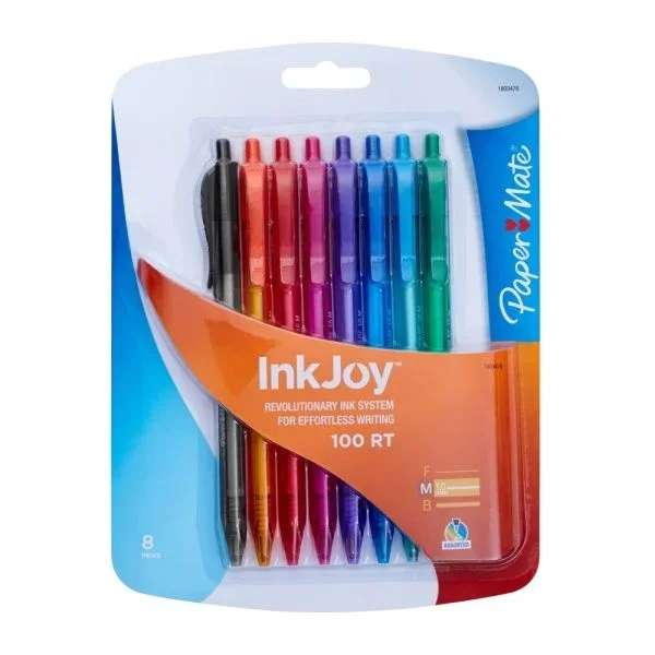 Paper Mate Inkjoy 100 Rt Pens, Medium Point, 1.0 Mm, Translucent Assorted Barrels, Assorted Ink Colors, Pack Of 8