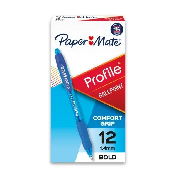 Paper Mate Profile Retractable Ballpoint Pens, Bold Point, 1.4 Mm, Translucent Barrel, Blue Ink, Pack Of 12
