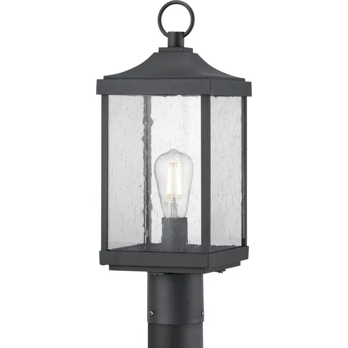 Park Court 1-Light Textured Black Outdoor Post Lantern with Clear Seeded Glass