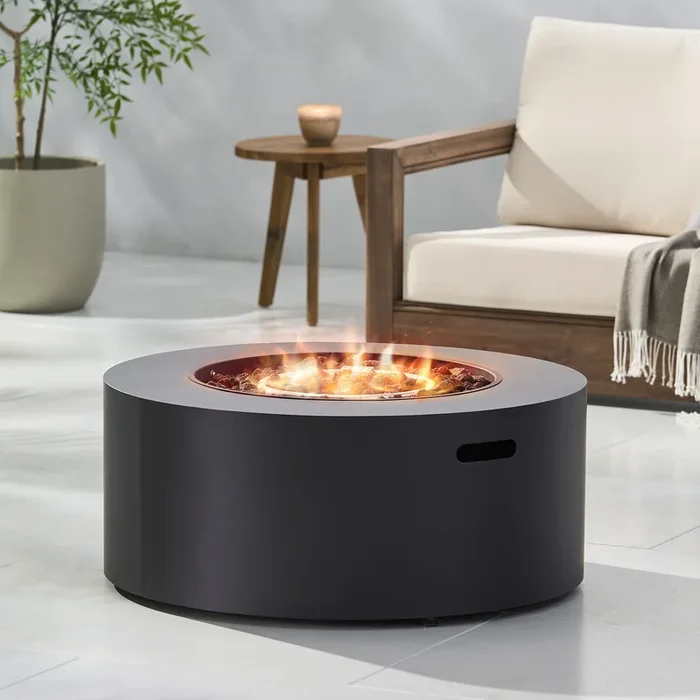 Patio Gas-burning Fire Pit Outdoor Iron Propane Fireplace, 32″ Round Fire Pit – 40,000 BTU, Tank outside, Dark Grey