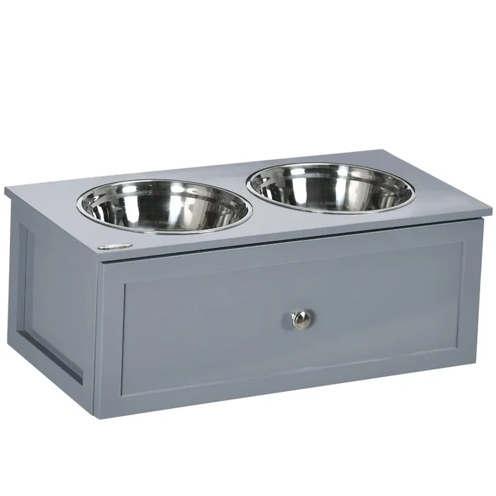 Pawhut Elevated Dog Bowls, Raised Dog Bowl Stand With Storage, 2 Stainless Steel Bowls, Pet Feeding Station For Medium Dogs, Indoor Use, 23.6″ X 11.8″ X 9.4″, Gray Grey Stainless Steel