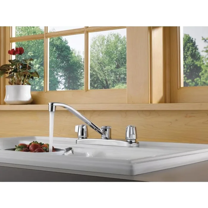 Peerless Chrome 2-Handle Deck-Mount Low-Arc Handle Kitchen Faucet (Deck Plate Included)