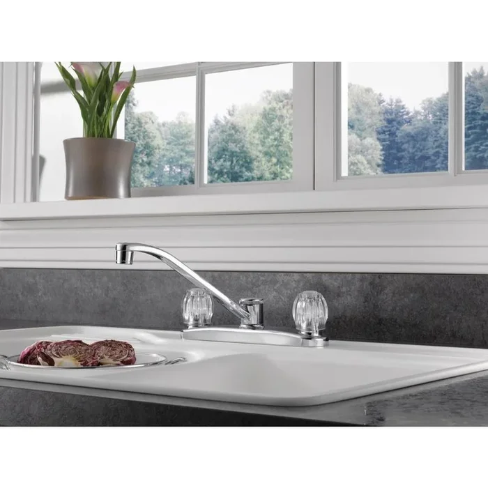 Peerless Chrome 2-Handle Deck-Mount Low-Arc Handle Kitchen Faucet (Deck Plate Included)