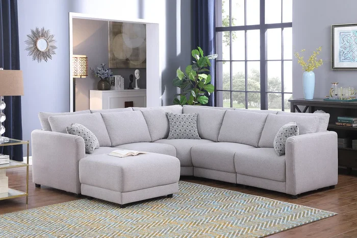 Penelope 94.5″ Light Gray Linen Fabric Reversible L Shape Sectional Sofa With Ottoman And Pillows Light Gray Linen