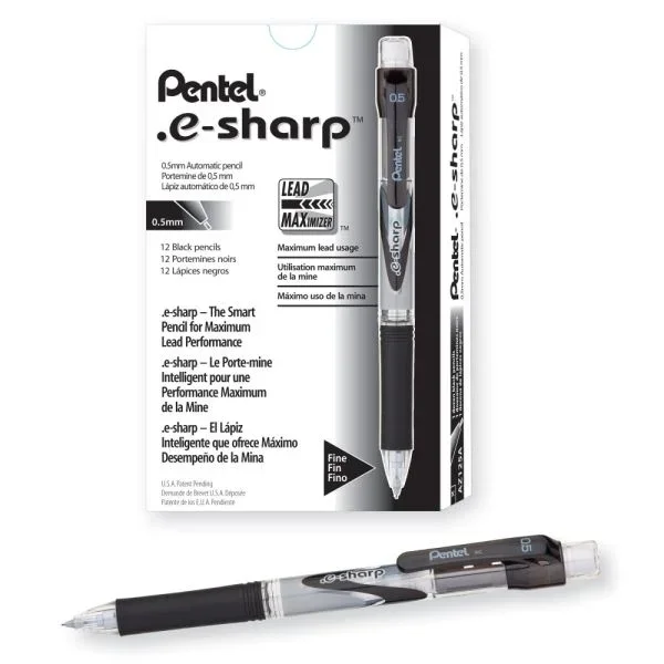 Pentel E-Sharp Mechanical Pencils, 0.5 Mm, 72% Recycled, Black, Pack Of 12