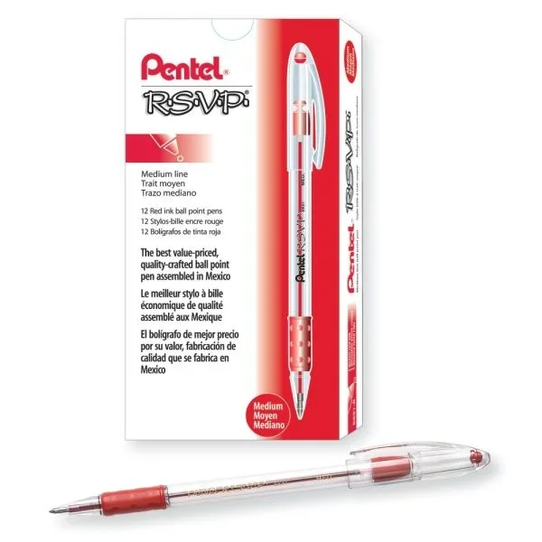 Pentel R.S.V.P. Ballpoint Pens, Medium Point, 1.0 Mm, Clear Barrel, Red Ink, Pack Of 12