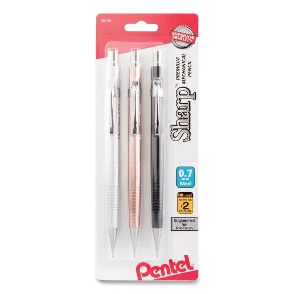 Pentel Sharp Mechanical Pencil, 0.7 mm, HB (#2), Black Lead, Assorted Barrel Colors, 3/Pack