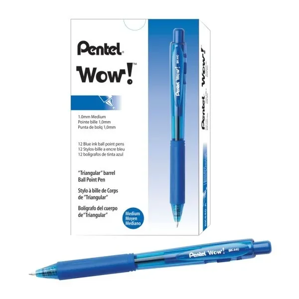 Pentel Wow! Retractable Ballpoint Pens, Medium Point, 1.0 Mm, Transparent Blue Barrels, Blue Ink, Pack Of 12