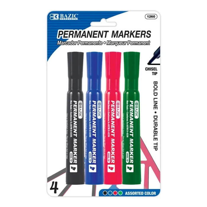 Permanent Marker 4 Asst Colors Chisel Tip