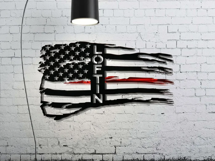 Personalized Tattered Thin Red Line American Flag Custom Metal Wall Art