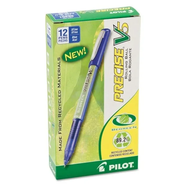 Pilot Precise V5 BeGreen Roller Ball Pen, Extra Fine 0.5 Mm, Blue Ink, Blue Barrel, Dozen