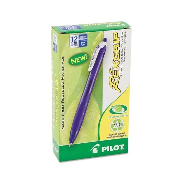 Pilot Rexgrip Begreen Retractable Ballpoint Pens, Medium Point, 1.0 Mm, Blue Barrel, Blue Ink, Pack Of 12 Pens