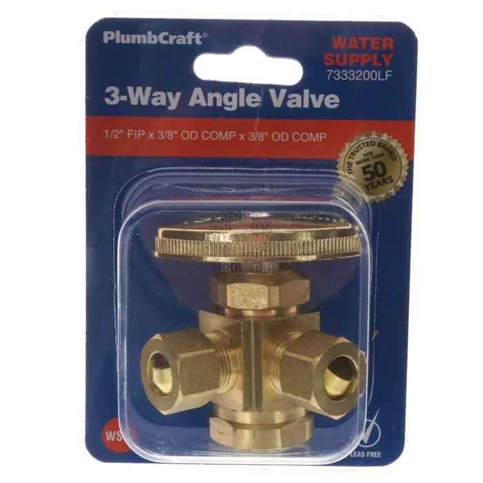 PlumbCraft 7333200LF Brass 3-Way 90° Angle Valve, 1/2″ FIP x 2x 3/8 OD Compression