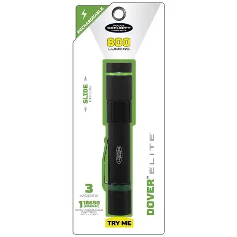 Police Security Dover 800 lm Black LED Rechargeable Flashlight 18650 Battery